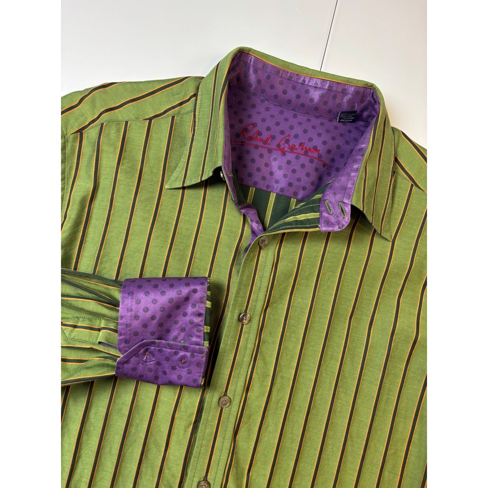 Robert Graham Mens Joker Large Green Striped Button Down Shirt Purple Flip Cuff